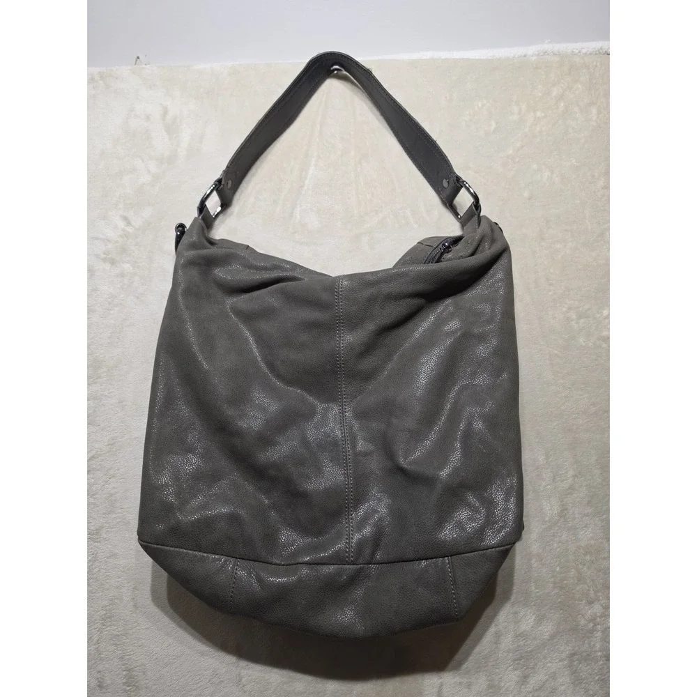 Elliott Lucca Gray Pebbled Leather Slouchy Hobo Shoulder Bag Crossbody‎ Large